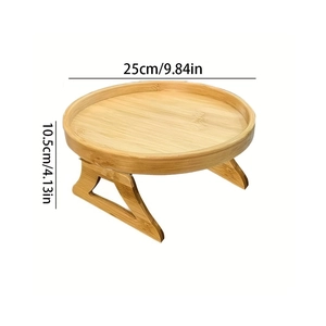 Bamboo sofa armrest tray dimensions showing 25cm diameter and 10.5cm height measurements