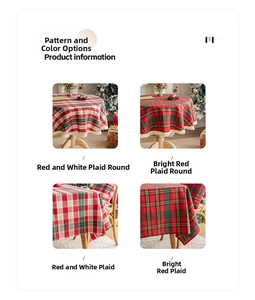 Detail of Christmas plaid tablecloth with elegant white tassels and thick woven texture
