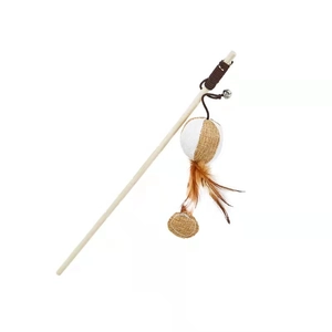 Interactive wooden cat wand with natural feathers, linen ball and bell on white background