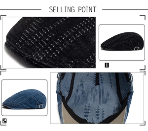 Detailed close-up of vintage denim ivy cap fabric texture and adjustable metal side buckle
