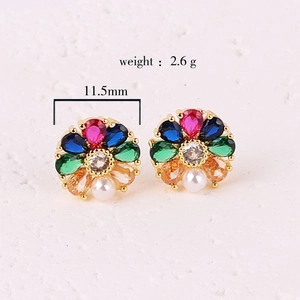 18K gold-plated flower stud earrings with colorful cubic zirconia and a white pearl