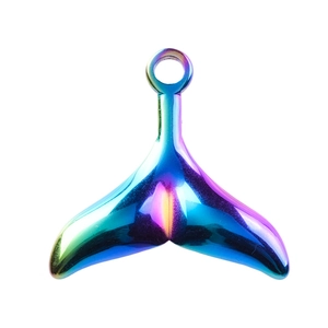 Macro shot of 18k plated rainbow stainless steel fishtail charm with vibrant gradient finish
