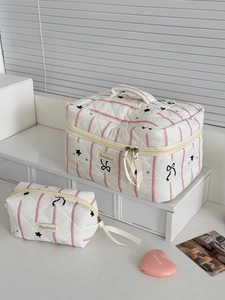 Detail of pink star and bow quilted cotton makeup bag set with a handle and ribbon zipper