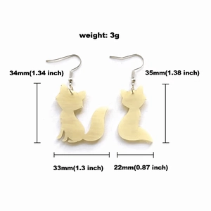 Cute beige acrylic fox earrings with silver hooks showing size and weight specs