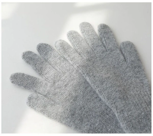 Detail shot of soft grey knitted wool blend gloves showing high-quality fiber texture