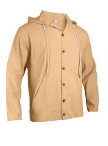 Detail of linen blend hooded shirt showing natural fabric texture and button closure