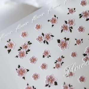 3D embossed cherry blossom nail stickers with pink flower design and flower lettering