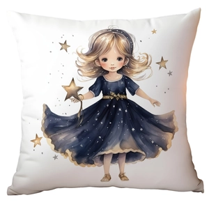 Detail of soft white cushion cover featuring a vintage blue watercolor star girl illustration