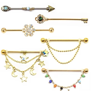 Barbells Industriali In Lega Placcata Oro Stella Luna Cuore Chiave Ciondoli Cartilagine Piercing Orecchio Gioielli Donna