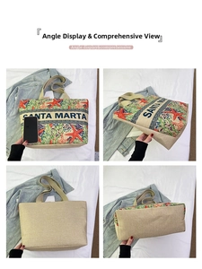 Multi-angle views of large linen tote bag with colorful starfish and phone size comparison