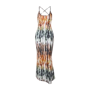 Abito lungo sexy tie-dye sfumato con schiena scoperta e spalline incrociate estive