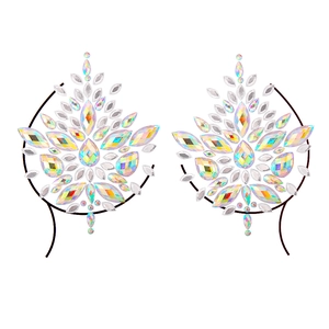 Detailed view of iridescent acrylic rhinestones for body and chest party decoration