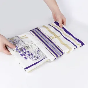 Polyester Jewish Tallit prayer shawl set with purple stripes and Menorah storage bag