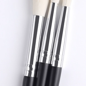 Close-up of three eyeshadow brushes with white bristles and sleek black handles