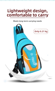 Lightweight 0.21kg outdoor chest bag in blue and orange shown with floating feathers