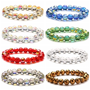Faceted Crystal Glass Beaded Bracelet Shiny AB Coating Elastic Sparkly Jewelry For Women Trendy