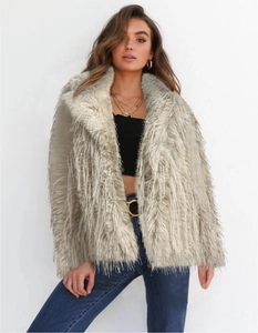 Short faux fur coat with tassel details in champagne beige, front view on a model