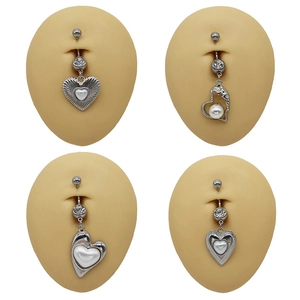 Silver heart belly button rings with white pearls and zircons shown on skin models