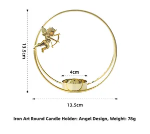 Golden iron angel candle holder with circular frame and size details shown