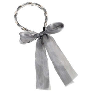 Elegant grey woven headband with pearls, gold chains and a sheer ribbon bow on white