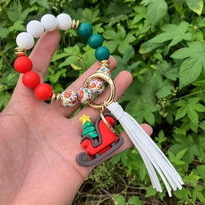 Christmas Silicone Bead Wristlet Keychain For Women Beaded Bracelet Key Ring With Tassel Santa Reindeer Pendant Holiday Gift