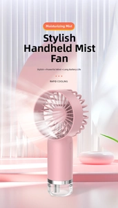 Detail of pink handheld misting fan showing water spray and rapid cooling function