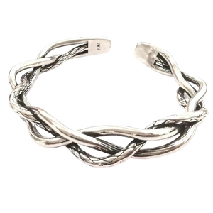 Vintage Thai silver braided open bangle with triple strand twist and polished metal finish
