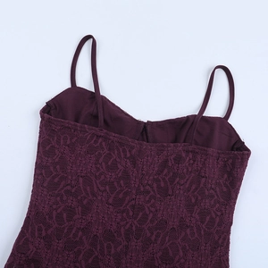 Detail of floral crochet lace corset top with slim straps in deep purple finish