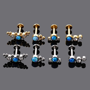 316L stainless steel flat back stud earrings with blue opal and cubic zirconia