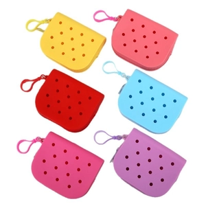 Waterproof silicone hole bag style coin purses in six vibrant colors with zipper and hooks