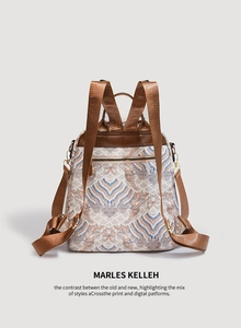 Detailed back view of a Chinese style backpack with wave pattern and anti-theft zip pocket