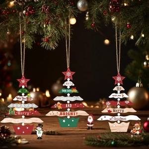Three-piece set of cartoon painted wooden Christmas tree ornaments for festive decor