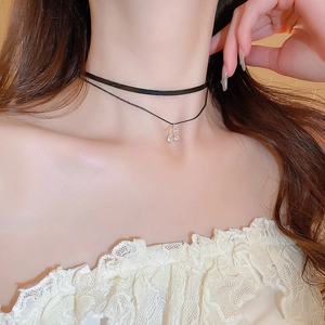 Double-layered black leather choker necklace with a zircon cherry pendant for women