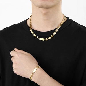 Stylish gold titanium steel coffee bean chain necklace and bracelet set with square pendant