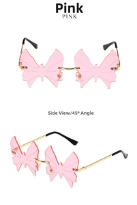 Detail view of pink butterfly rimless sunglasses with gold metal frame from side and front