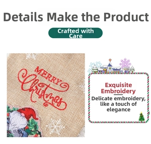 Close-up of red embroidery MERRY Christmas text on linen wine bottle gift bag