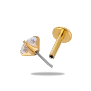 Pendiente clásico de circonita redonda con 4 garras y poste de labret plano dorado