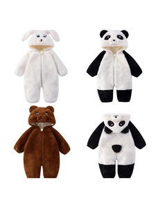 Adorable animal-themed plush hooded rompers for infants in rabbit, panda, and bear styles
