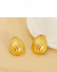 Detail of 18K gold plated stainless steel teardrop earrings with spiral texture