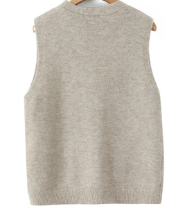 Rear view of oatmeal knitted vest featuring classic round neck and ribbed hem details