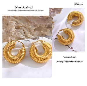 Detailed view of chunky 18K gold plated hoop earrings with textured ribbed surface