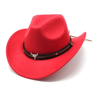 Macro detail of red wool felt cowboy hat featuring silver bull head emblem and braided band