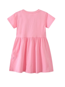 Pink short sleeve cotton dress for girls featuring a pleated waist and a soft back view
