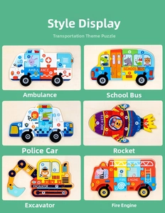 Detailed grid showing six styles of numbered 3D wooden vehicle puzzles for toddler learning