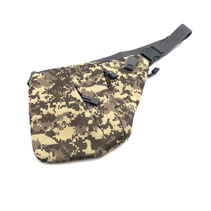 Close-up of tactical digital camouflage crossbody bag with durable quick-release buckle