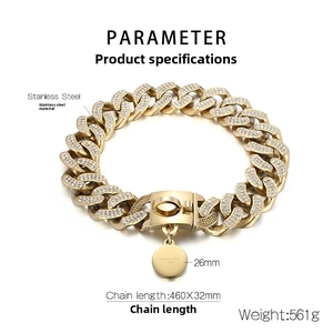 Detail of 32mm wide 18K gold plated Cuban dog collar with cubic zirconia and D-ring tag