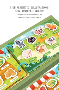 Close-up of animal and vegetable velcro puzzles in a colorful toddler busy book