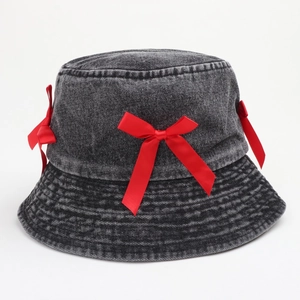 Deep grey washed denim bucket hat with three red satin bows for a stylish feminine look