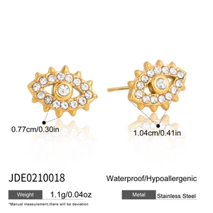 Detail showing 18K gold evil eye stud earrings with cubic zirconia and dimensions