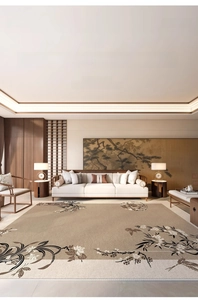 Detailed texture of Modern Chinese area rug featuring oriental floral patterns and warm tones